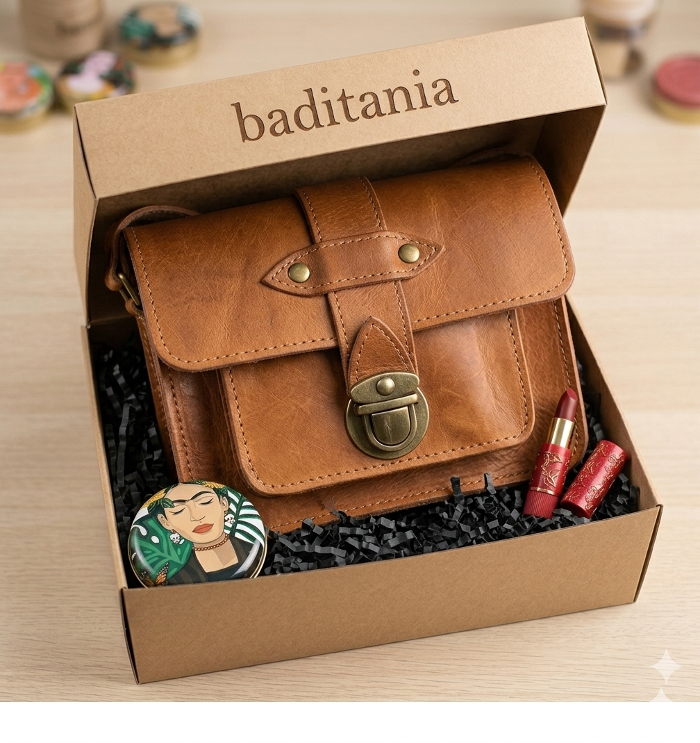 Cofre Baditania "Bohemio": Bolso de Cuero, Jabón Artesanal y Pintalabios Mágico